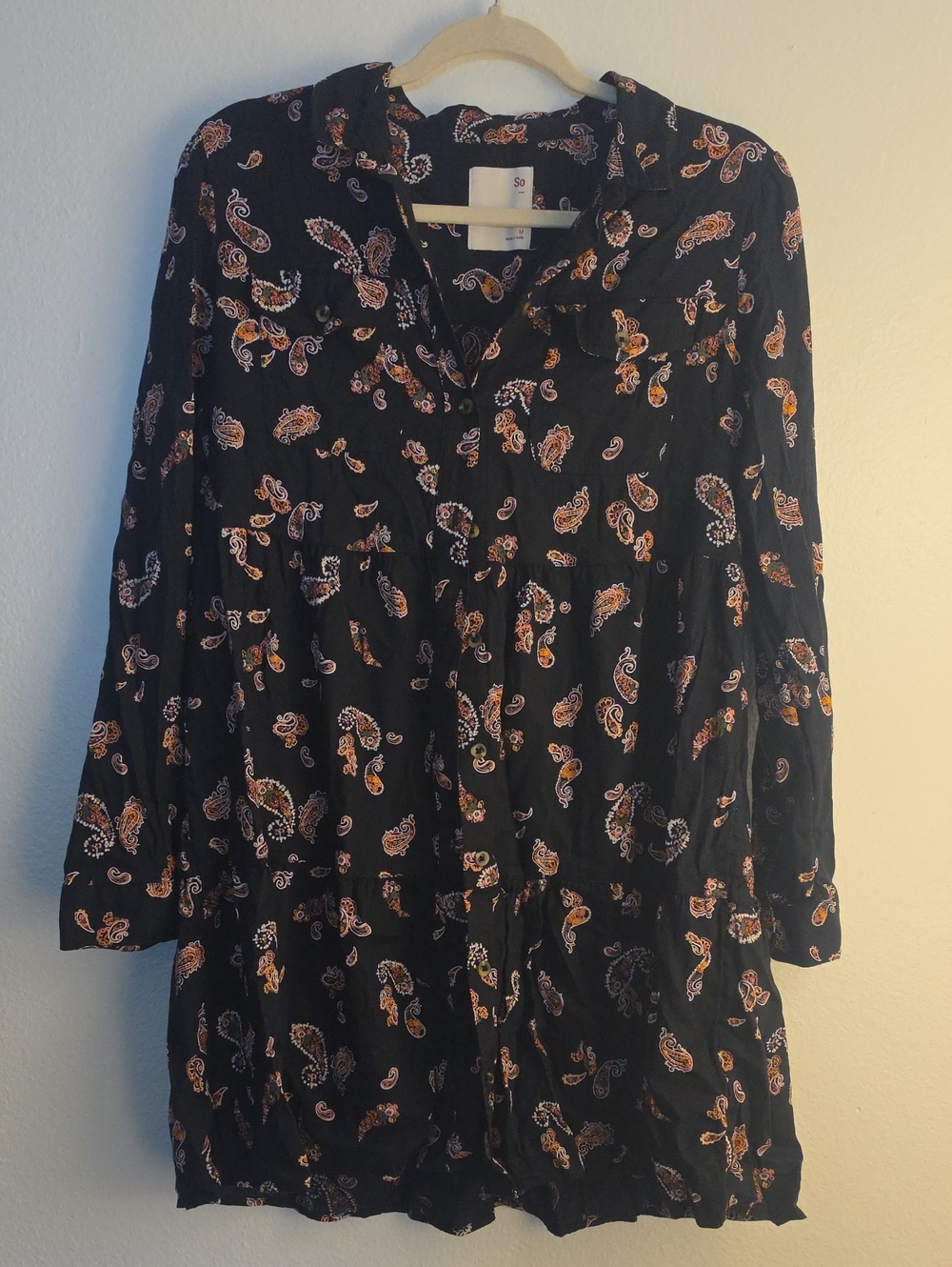 SO Black Paisley Tiered Long Sleeve Tunic Dress with Orange Accents